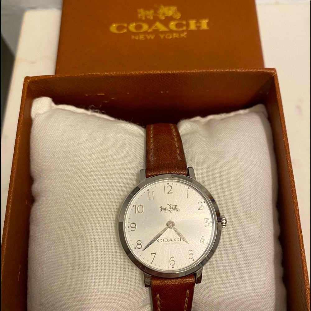 Authentic Coach silver and brown leather watch